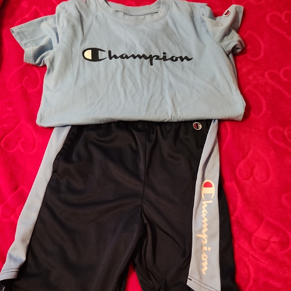 Champion Light Blue Tee and Black Shorts Set